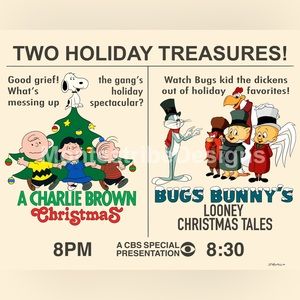 Charlie Brown Christmas & Bugs Bunny Loony Christmas Tales Nostalgic Print 11x14